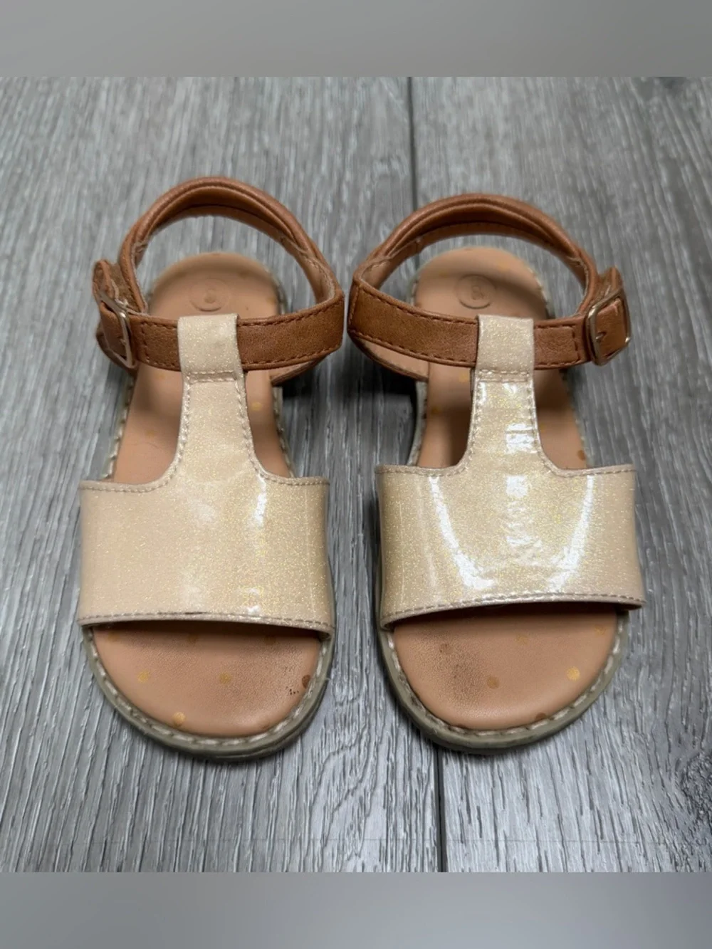 CAT AND JACK T STRAP HOOK AND LOOP CLOSURE SANDALS BROWN SPARKLE GOLD TODDLER 8